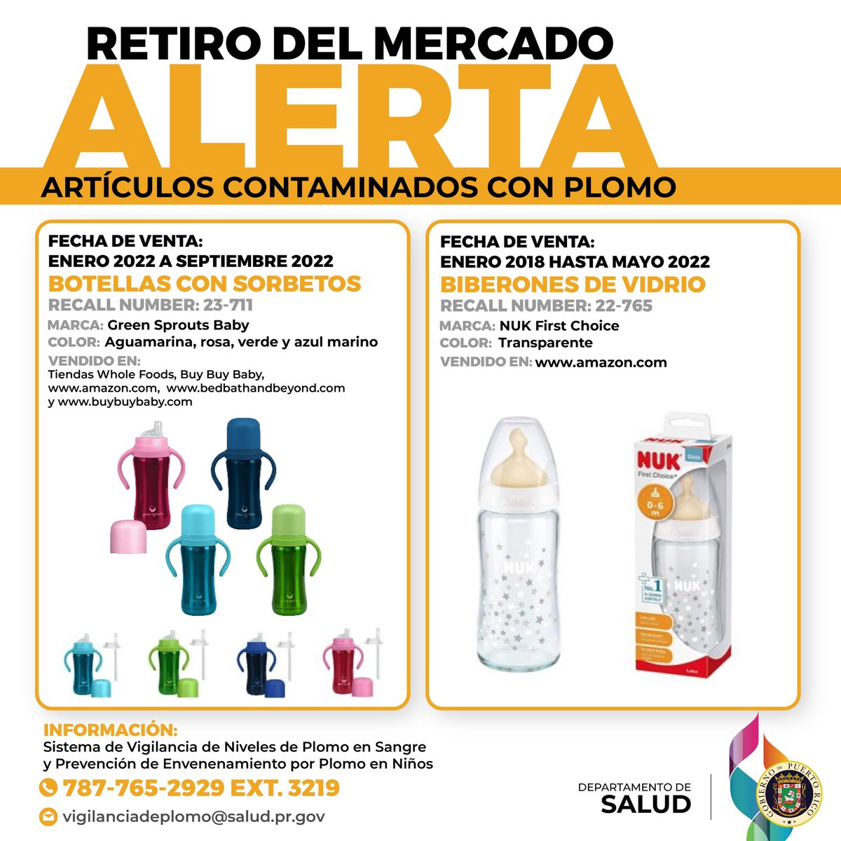 desaludpr's tweet photo. AVISO IMPORTANTE | Se alerta a la ciudadanía del retiro de artículos contaminados con plomo, vendidos en establecimientos y tiendas online desde el 2018 a septiembre de 2022. Se exhorta al consumidor a que devuelva el producto de forma inmediata.¡Minimiza el riesgo de exposición! https://t.co/3gVvyBB86W