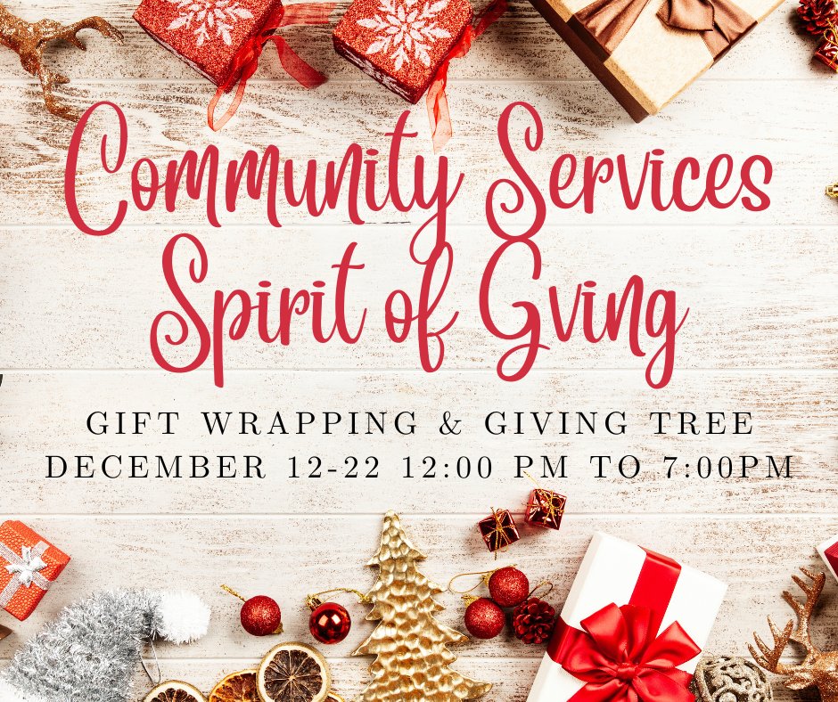 1CSVC's tweet photo. December 12-22, 2022
12:00 PM to 7:00 PM
Spirit of Giving
Gift Wrapping and Giving Tree will be held at The Cranberry Mall.
We are located outside of our Cranberry Place office.
If you have any questions, please call 814-678-7766.
#spiritofgiving https://t.co/KKTeO4xxZa