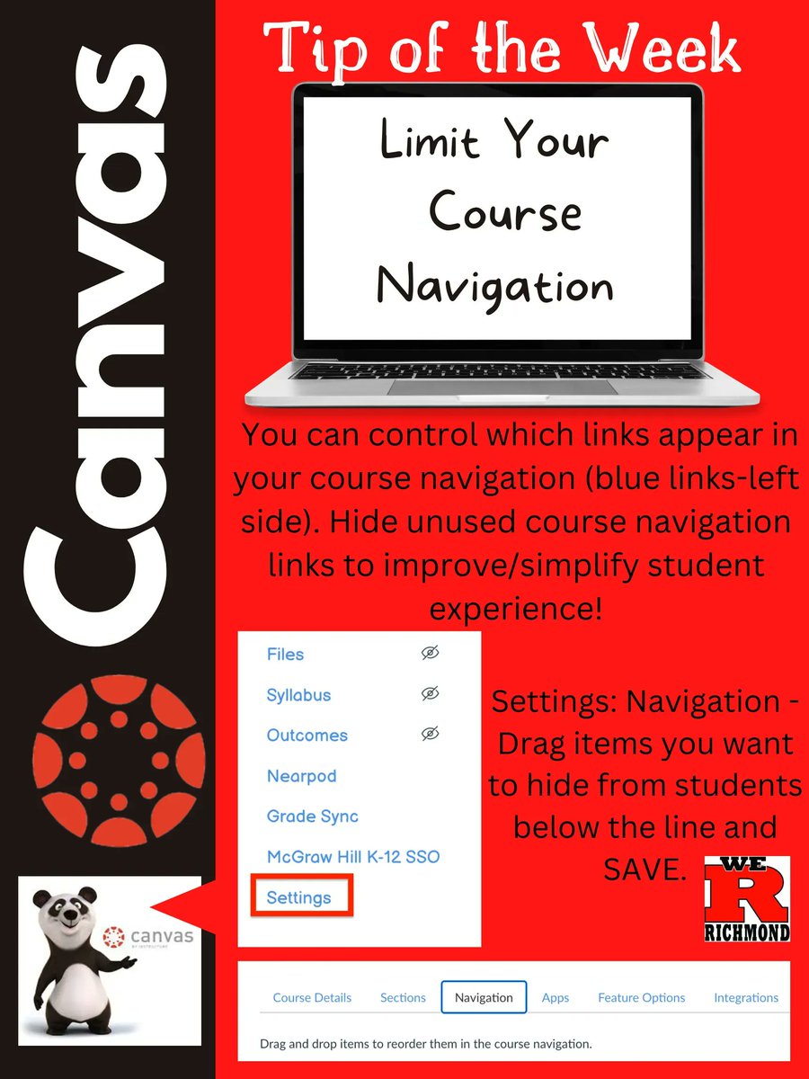 RCSLearn's tweet photo. The @RCSLearn Weekly Canvas Tip (final 2022 edition): Limit you Course Navigation to improve the student (and parent observer) experience in your @Canvas_by_Inst courses. @canvascasters #RCSLearn #INCUE https://t.co/6jkGQW0E26