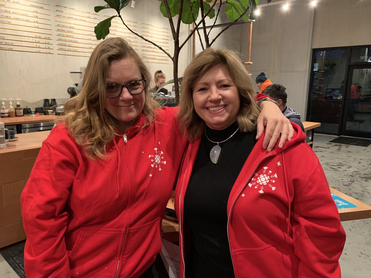 MeeganReadCBC's tweet photo. Thinking @TracyJohnsonCBC is our lucky charm! We SOLD OUT COMPLETELY of #OneDarkKnight @AngelaKnightCBC Coffee this AM! All the $$$ goes to @CalgaryFoodBank https://t.co/tQJfbntJ6u