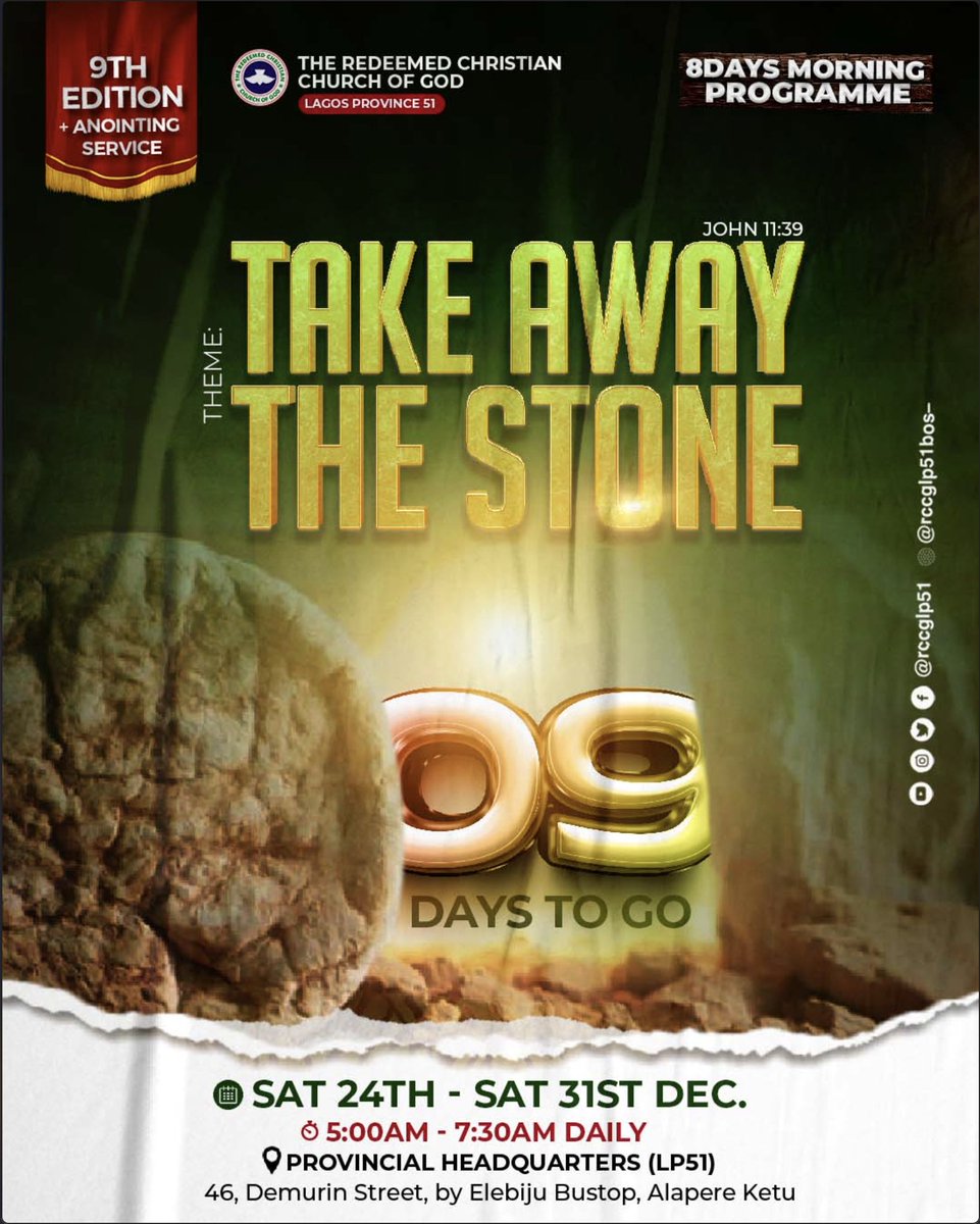 rccgregion53's tweet photo. 9 days to go #TakeAwayTheStone 🪨.
Don't miss out this Special Edition... Do tag & mention someone to invite them ❤️
#TakeAwayTheStone
#8DaysProgramme
#8DaysProgramme2022
#8DaysMorningProgramme
#8DaysMorningProgramme2022
#RCCG https://t.co/cJssQ1UJEI
