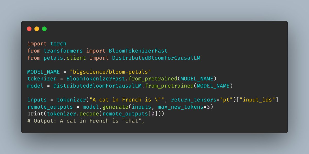Max Ryabinin (@m_ryabinin) on Twitter photo Petals, a system for easy decentralized inference and adaptation of 100B+ LLMs, is now online!
🌸Generate text with BLOOM-176B using Colab or a desktop GPU
🔌Fine-tune large models for your tasks
👥Help others by contributing your GPUs or host a new swarm
colab.research.google.com/drive/1Ervk6HP… Petals, a system for easy decentralized inference and adaptation of 100B+ LLMs, is now online!
🌸Generate text with BLOOM-176B using Colab or a desktop GPU
🔌Fine-tune large models for your tasks
👥Help others by contributing your GPUs or host a new swarm
colab.research.google.com/drive/1Ervk6HP…