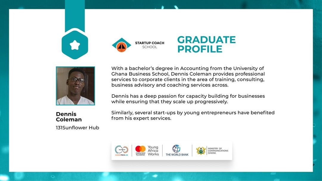 131SFH's tweet image. After a year of intense studies, we are proud to announce that our hub manager, @denniscolemanx  is now a graduate of the Startup Coach School!
Congratulations to you and we are eager to see what the future has in store for you. 

#StartupCoachSchool
#GhanaTechLab