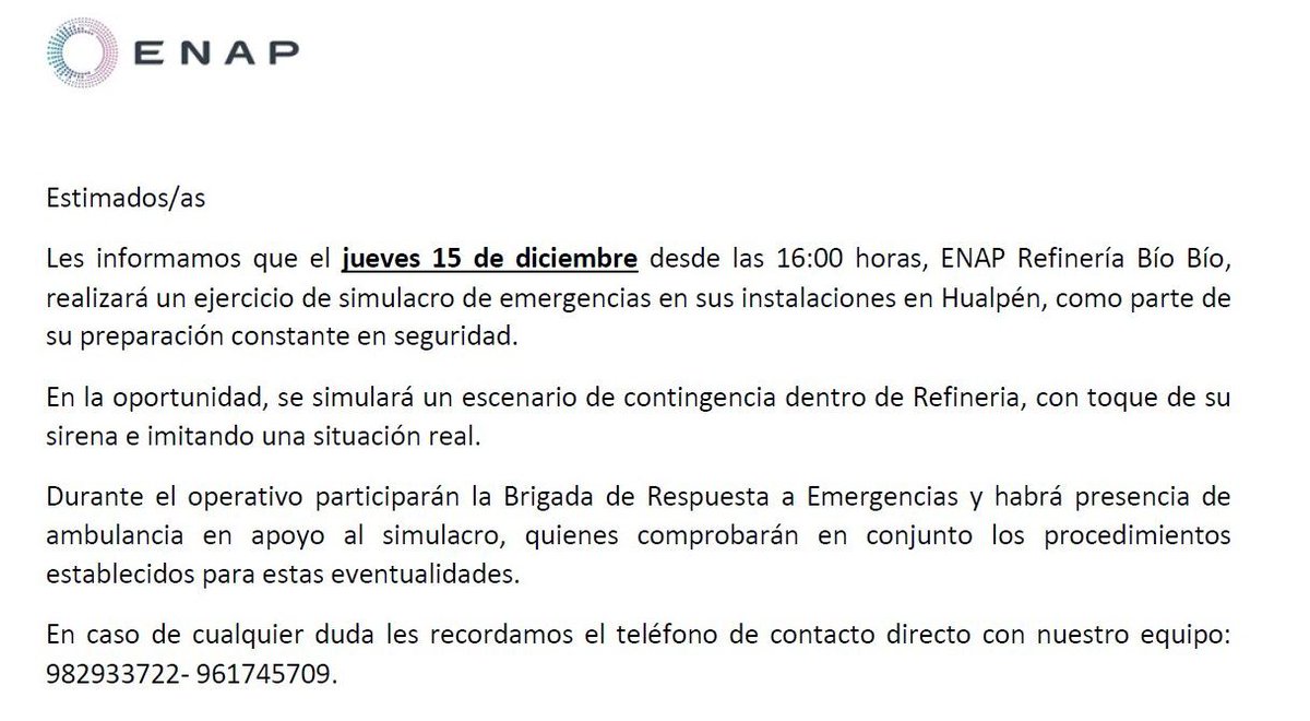 ¡ATENCIÓN VECINOS/AS! 📢 #ENAP informa un simulacro de emergencias para este jueves 15 de diciembre desde las 16:00 horas. En la ocasión sonará la sirena y habrá equipos de emergencia por la zona de la planta 🏭.

#Hualpén