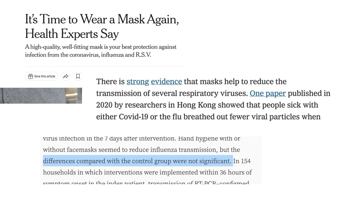 The @nytimes that recommends we all mask
Says there is strong evidence masking helps
Click on the word 'evidence' and it leads to a cluster RCT that was.... wait for it...
Negative.  
It Failed to show a benefit of masking

The strongest evidence they can find is negative! 🤣🤣