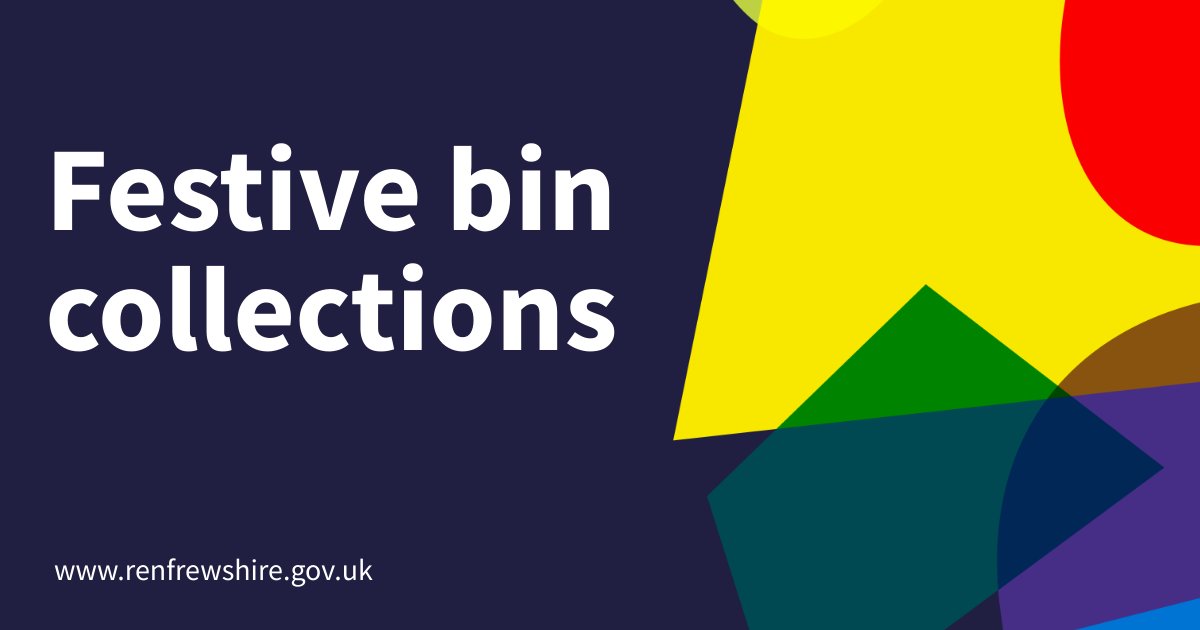 Christmas and New Year bin collections

Grey bins:
• 24 Dec instead of 25 Dec
• 31 Dec instead of 1 Jan 2023

Blue or green bins:
• 26 Dec instead of 25 Dec
• 2 Jan instead of 1 Jan

Brown bins:
• Last collection 21 Dec
• Resume 5 Jan

All other collections run as normal.
