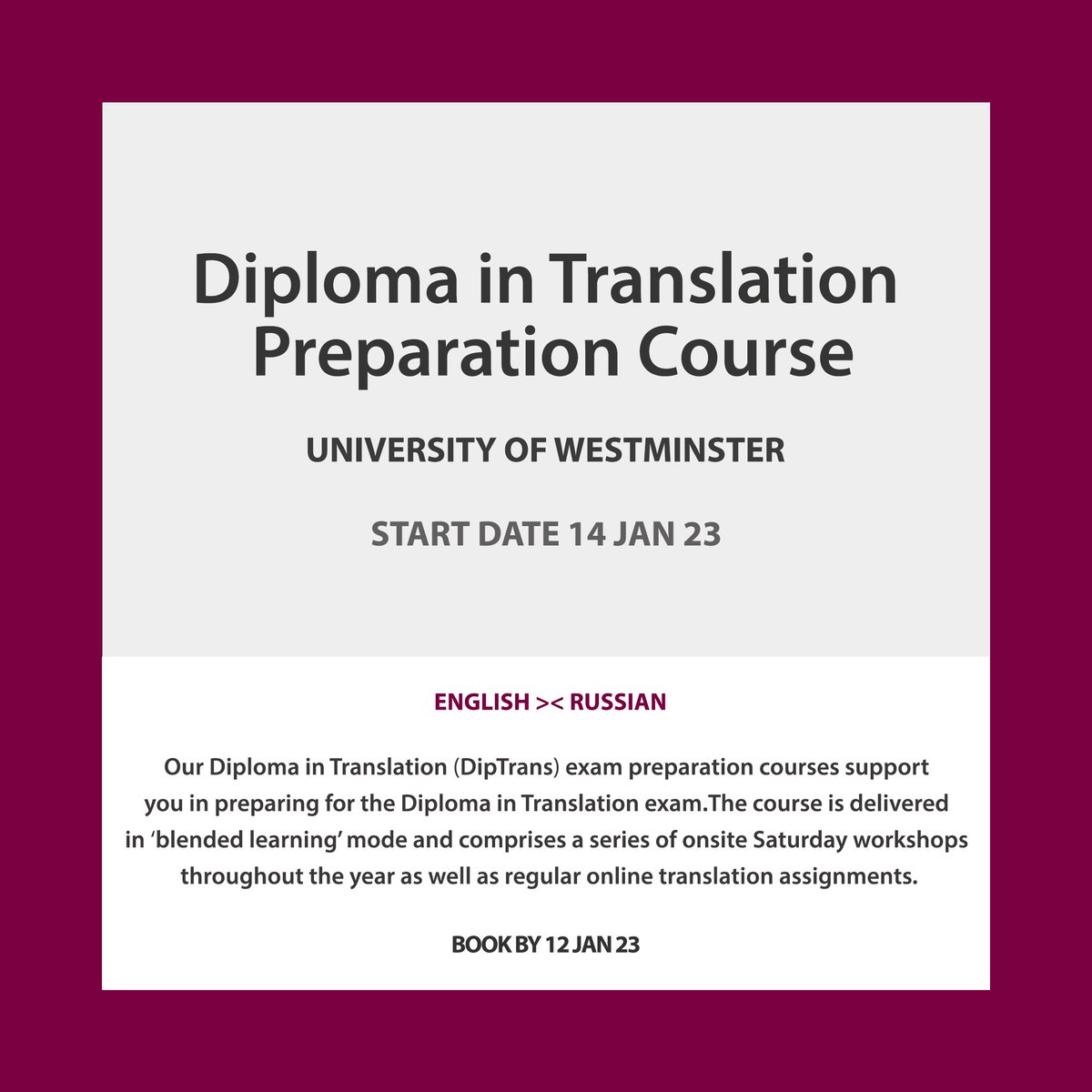 KateAWeir's tweet photo. If you want to formalise existing translation skills, prepare for the 
Jan 24 CiOL Dip Trans exams with one of our courses. Our course 
now includes free access to 2 x CAT taster courses. https://t.co/HvMFGcQ4XA https://t.co/kmlcUcEPMw