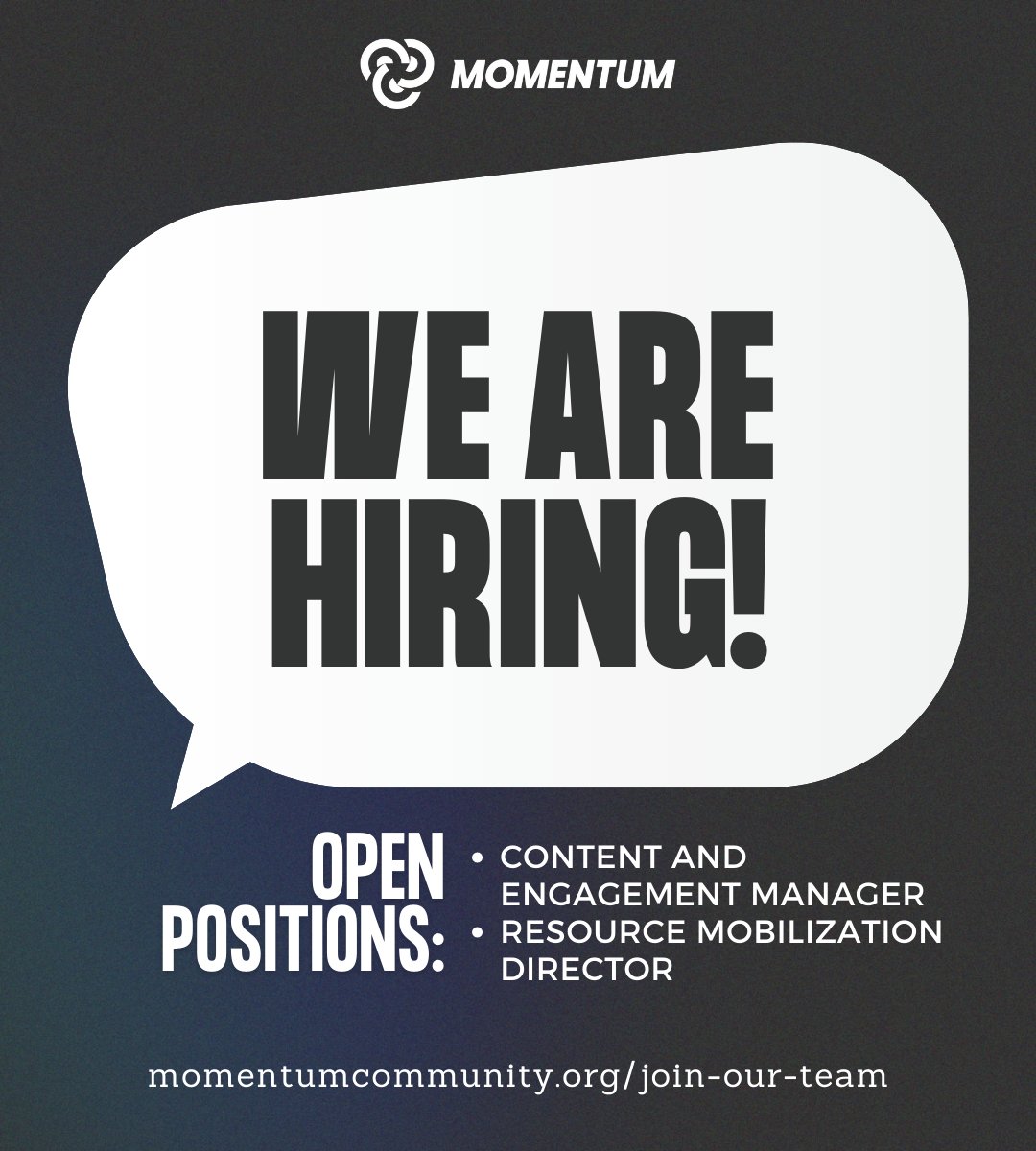 We're hiring! Momentum has two openings on our team: - Content and Engagement Manager - Resource Mobilization Director Ready to strengthen movements and build a robust learning community? ➡️ Learn more and apply: momentumcommunity.org/join-our-team