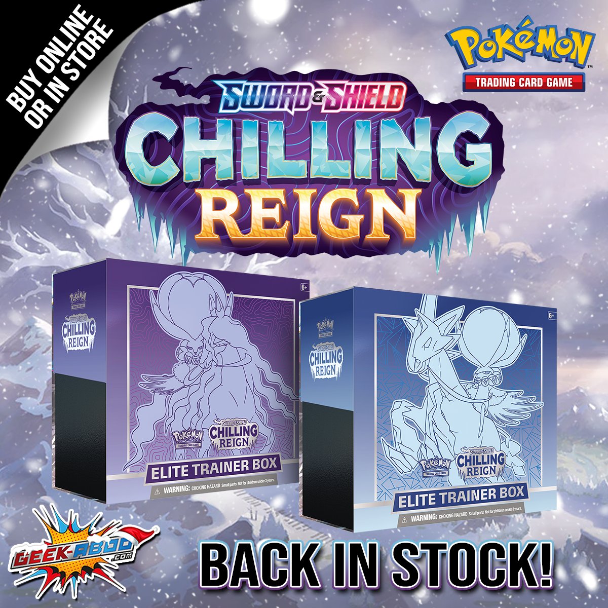 thegeekaboo's tweet photo. The Pokemon: TCG - Chilling Reign Elite Trainer Boxes are BACK IN STOCK! Available in Ice Rider Calyrex and Shadow Rider Calyrex variants, this is a must have for serious Pokemon Trainers! 

ORDER NOW: https://t.co/9xFSkLvAT1

#pokemontcg #Calyrex #ChillingReign #XMAS #GeekAboo https://t.co/Y1wvEm1Nhw