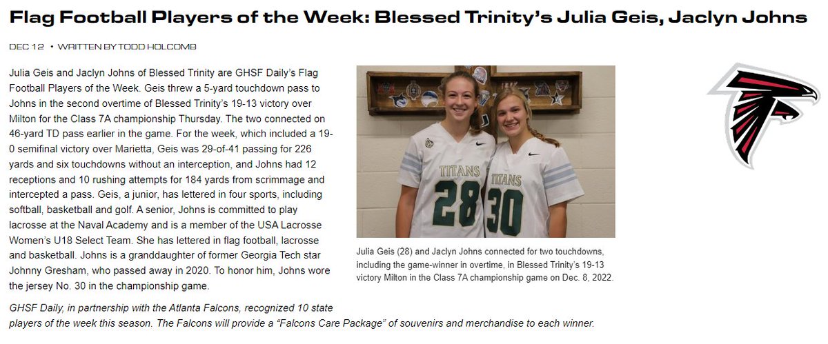GHSFdaily's tweet photo. Congrats to our final Flag Football State Players of the Week, Julia Geis and Jaclyn Johns of state champion @BTFlagFootball! The two were a deadly QB-WR combo in the c'ship game last week, and all season.
@FalconsCR https://t.co/LdA7teZajq