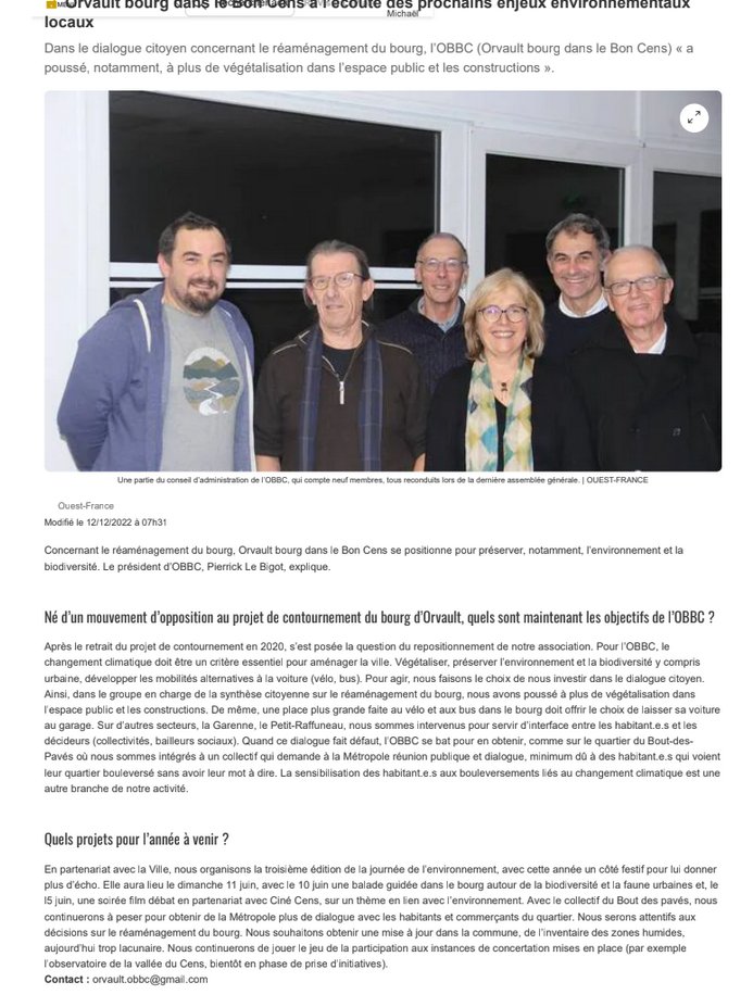 OBBC15's tweet photo. Paru dans #OuestFrance44 : nos objectifs, nos projets. L'#OBBC, pour agir localement pour l'environnement, la biodiversité urbaine, une offre de mobilité diversifiée alternative à la voiture en ville, un vrai dialogue citoyen. Contact: orvault.obbc@gmail.com https://t.co/MhPuYUkjO6