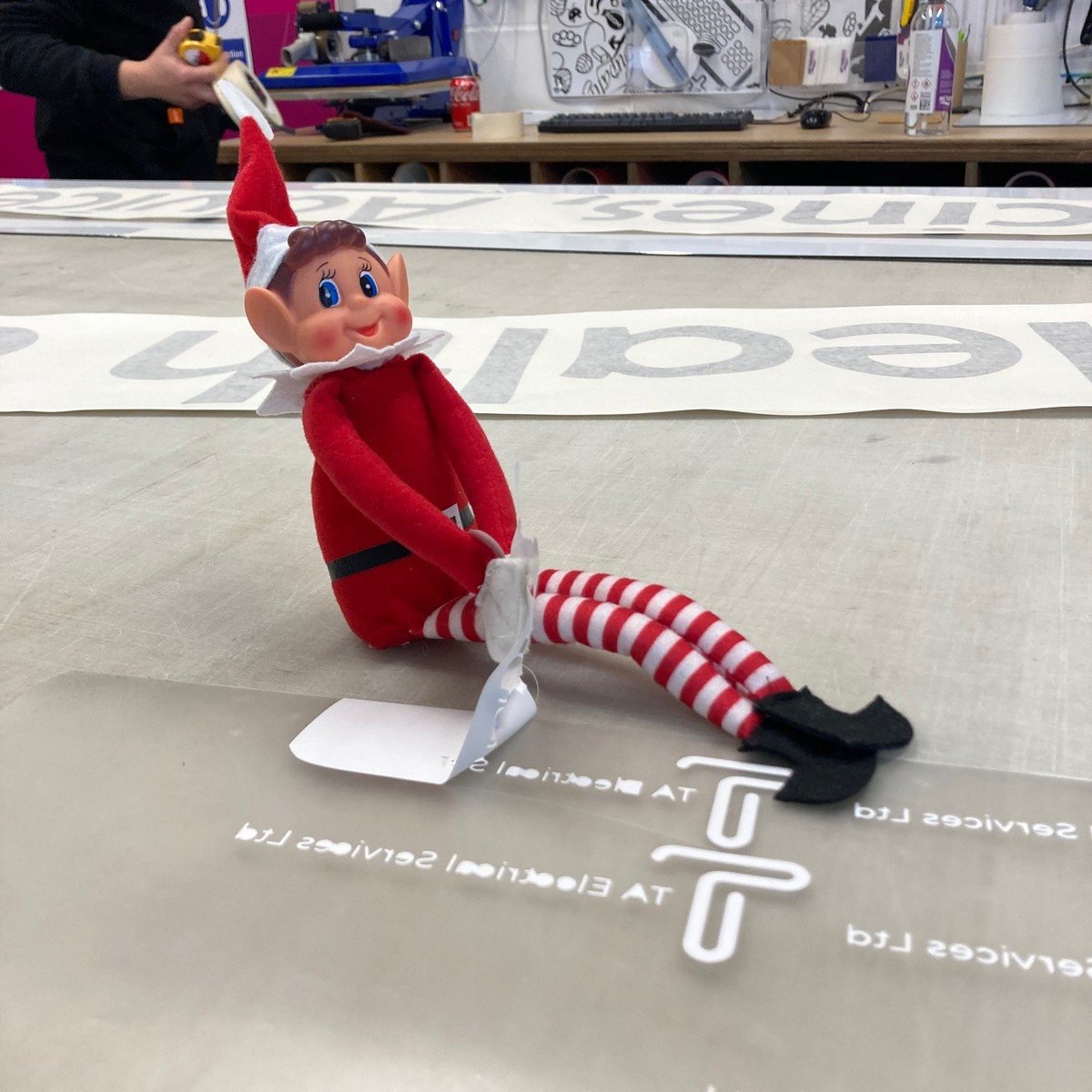 Day 14 and he's really putting his back into pullling that vinyl off! #14Dec2022 #christmas2022 #elfontheshelf #elfontheshelf2022 #vinyl