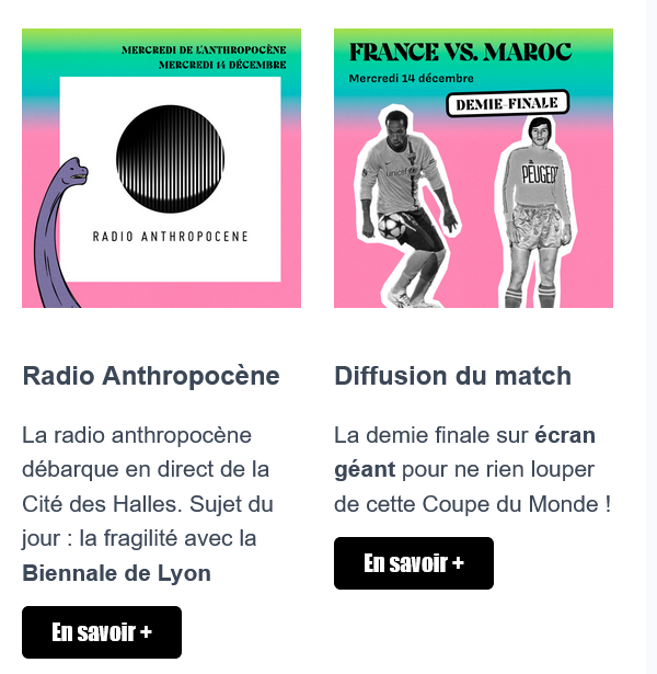 Au programme de la #CITEDESHALLES, un lieu alternatif écolo-bobo bien connu des Lyonnais : d'un côté un événement en lien avec #EcoleUrbaine de Lyon sur l'#Anthropocène et la #fragilité, de l'autre la retransmission du match France-Maroc.
Je suis fatiguée.
#BoycottQatar2022