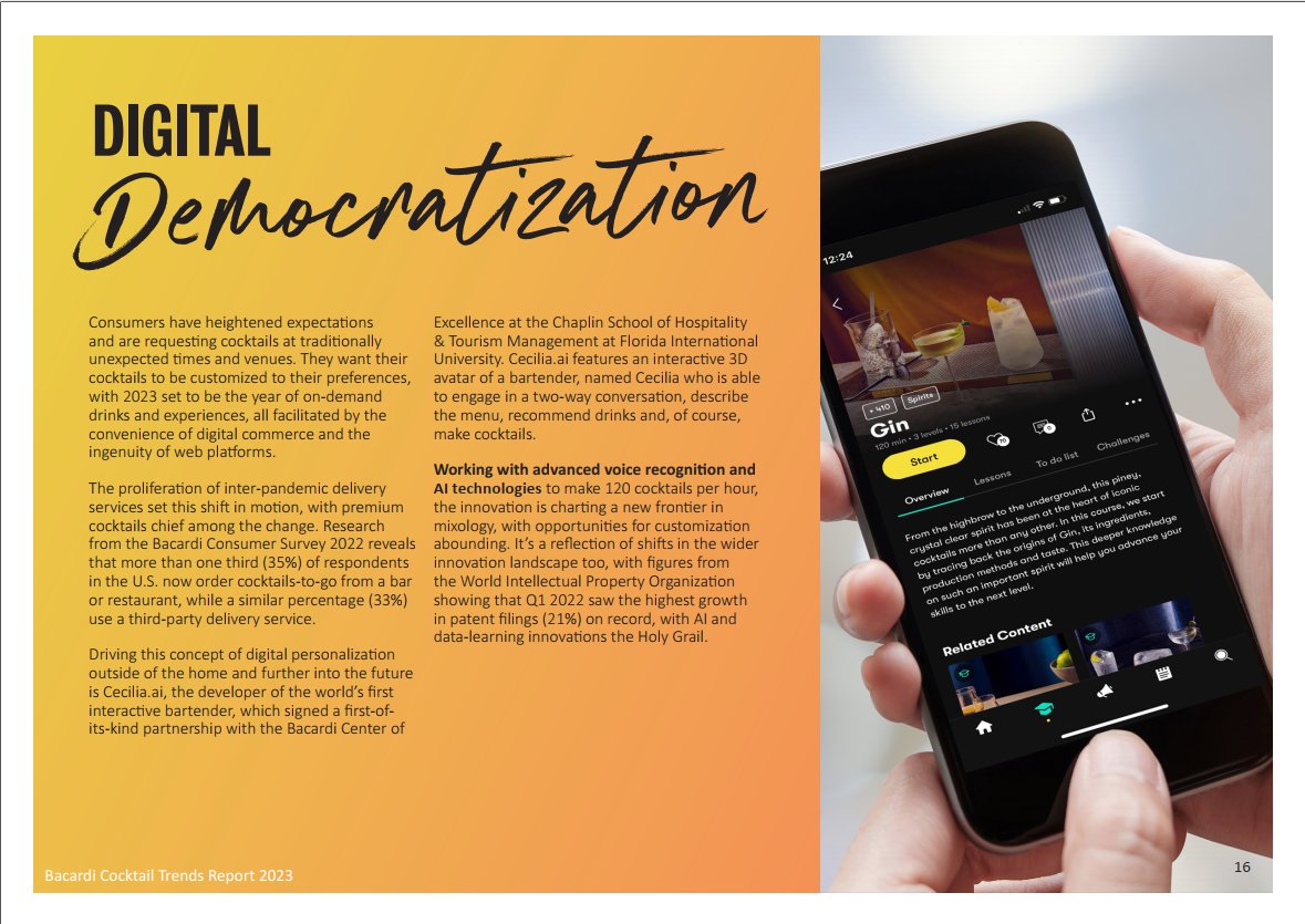 TheCecilia_ai's tweet photo. We’re excited to share that https://t.co/R6WdakIsJZ was featured in Bacardi’s 2023 Cocktail #Trends Report under the “Digital Democratization” section for its one-of-a-kind partnership with FIU’s #Bacardi Center of Excellence and the #innovation in the world of digital services. https://t.co/toB60QwZDZ