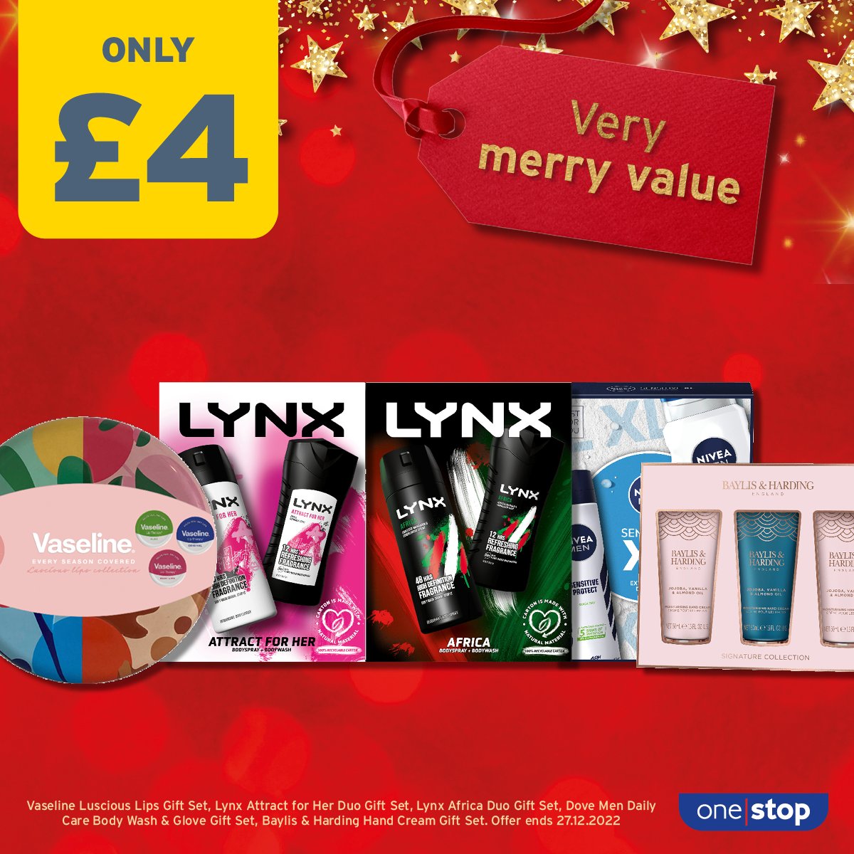 onestopstores's tweet photo. The countdown continues with £4 gift sets 🎁

Check back tomorrow to find more great festive offers 🤩

Subject to availability. Participating stores only. 

#GiftSet #Christmas #Gifts #Lynx #Vaseline #BaylisAndHarding https://t.co/elSINj2dM6