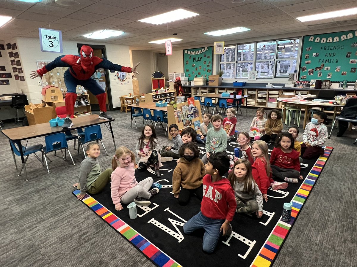 LJenningsKinder's tweet photo. An exciting morning when Spider Man visited our class to congratulate us on learning all of our super reading powers! We are super readers! @ThinkMBE https://t.co/hzNVVgY3bc