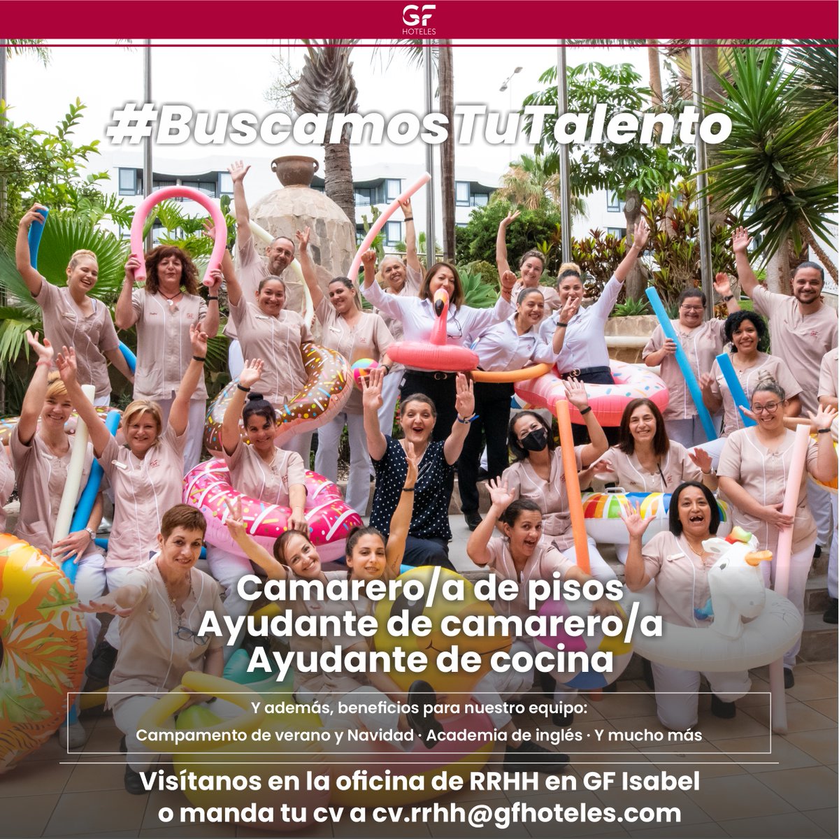 🔍👥 #BuscamosTuTalento

¿Quieres formar parte de nuestros equipos?

Visita nuestra oficina de Recursos Humanos-Gestión del Talento en el hotel GF Isabel o, si lo prefieres, envía tu currículum a cv.rrhh@gfhoteles.com.

#EmpleoTenerife #Empleo #tenerife