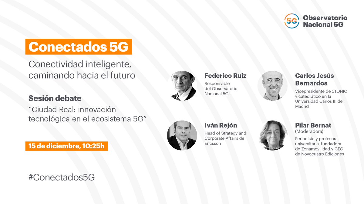 Observatorio Nacional 5G (@on5g_mwc) on Twitter photo ‘Ciudad Real: innovación tecnológica en el ecosistema 5G’’ Sesión debate que tendrá lugar mañana a las 10:25h, en la Jornada #Conectados5G de la mano de <a href="/FedericoDRuiz/">Federico Ruiz</a> <a href="/cjbernardos/">Carlos J. Bernardos</a> <a href="/vanchete/">IvanRejon</a> y <a href="/TyC4all/">Pilar Bernat</a>.
Inscríberte aquí 📲 mwcb.in/3j4FLUd ‘Ciudad Real: innovación tecnológica en el ecosistema 5G’’ Sesión debate que tendrá lugar mañana a las 10:25h, en la Jornada #Conectados5G de la mano de <a href="/FedericoDRuiz/">Federico Ruiz</a> <a href="/cjbernardos/">Carlos J. Bernardos</a> <a href="/vanchete/">IvanRejon</a> y <a href="/TyC4all/">Pilar Bernat</a>.
Inscríberte aquí 📲 mwcb.in/3j4FLUd