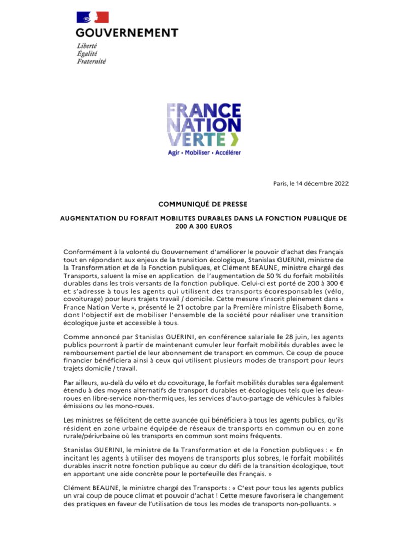 Bonne nouvelle ! Comme annoncé, le « forfait mobilités durables » dans la fonction publique passe à 300 €.

Les agents publics peuvent désormais le cumuler avec le remboursement de leur abonnement de transport en commun.

Une mesure bonne pour le portefeuille et pour la planète!