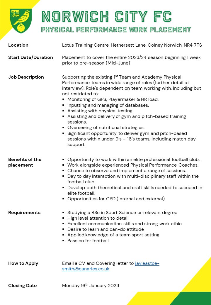 Work Placement Opportunity at Norwich City FC for the 2023-24 Season!

Applications to be submitted by Monday 16th January 2023.