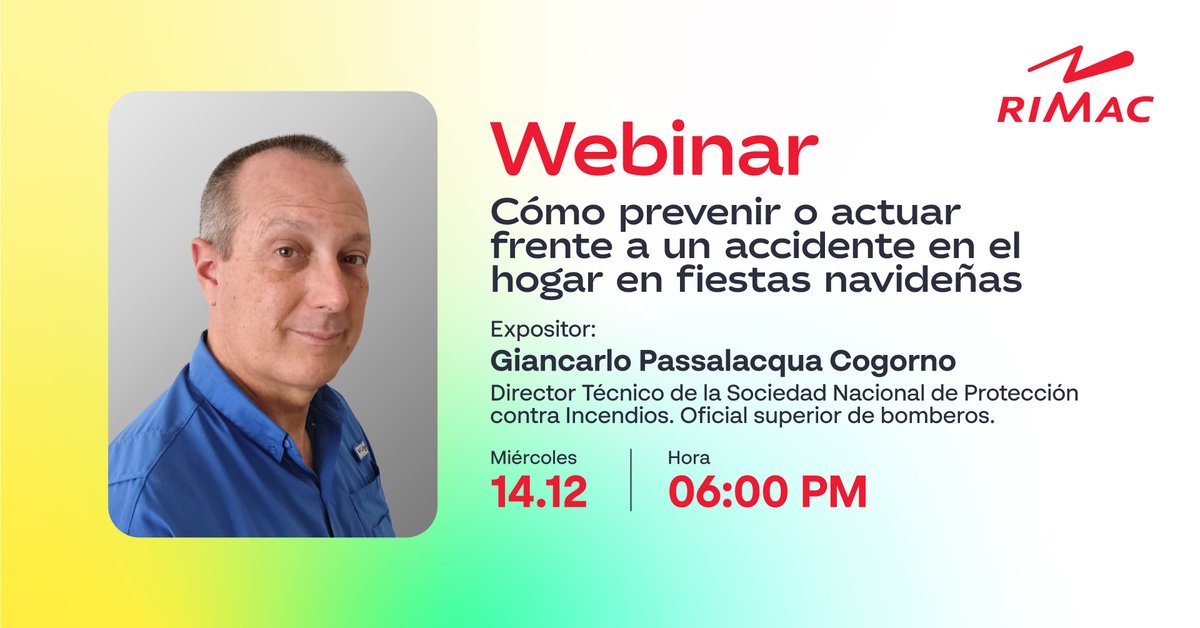#WebinarRIMAC

¿Quieres saber cómo prevenir un accidente en el hogar en fiestas navideñas? 🤔

🗓 Miércoles 14
⏰ 6:00 p.m.  
‍A cargo de: Giancarlo Passalacqua.

👉 Participa aquí: fb.me/e/2h0YcYiiV