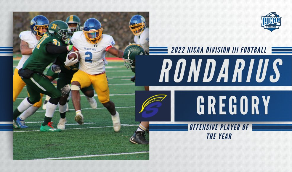 🚨 Rushing Champion = OPOTY

<a href="/AthleticsMstate/">M State Spartans</a> Rondaius Gregory has been named the #NJCAAFootball DIII Offensive Player of the Year! Gregory led the nation in most rushing categories and finished this season with 1,106 yards and 14 touchdowns.

Full Story ➡️njcaa.org/sports/fball/2…