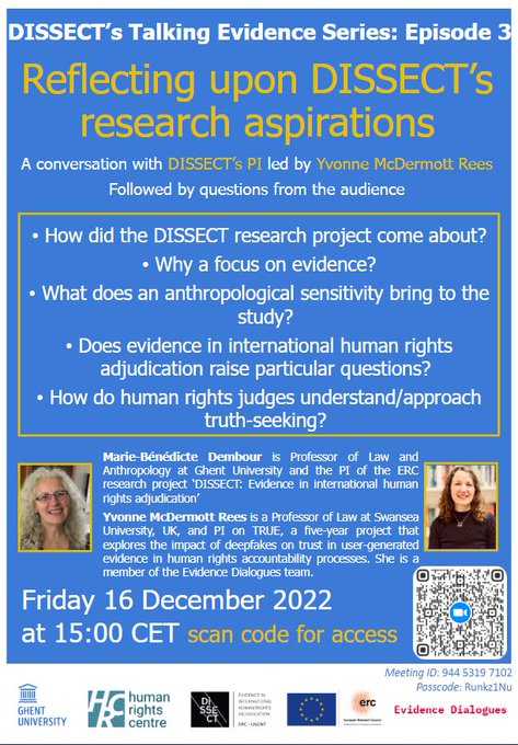Tune in on Zoom on Friday 16th December for Episode 3 of DISSECT's Talking Evidence Series: a discussion between @EvidenceDialog and @TRUE_Swansea's Prof Yvonne McDermott Rees and @HRC_UGent's Prof Marie Benedicte Dembour. More details @ evidencedialogues.wordpress.com/symposia/