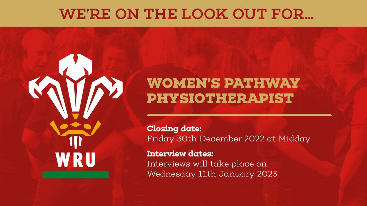 📣 Vacancy We're looking for a Women's Pathway Physiotherapist Apply here now 👉 bit.ly/2T46Owc 🏴󠁧󠁢󠁷󠁬󠁳󠁿 #WelshRugby