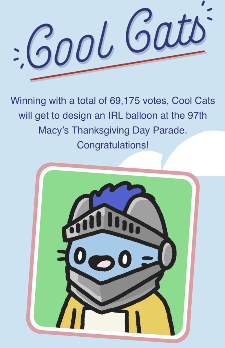 coolcats's tweet photo. 🎉 WE DID IT! 🎉

Cool Cats will be at the @Macys Thanksgiving Parade next year. Get ready to see Blue Cat as a balloon IRL!

A HUGE thank you to all of you for voting to make this happen! You’ve earned it. 🥳 https://t.co/ViK863zWzA