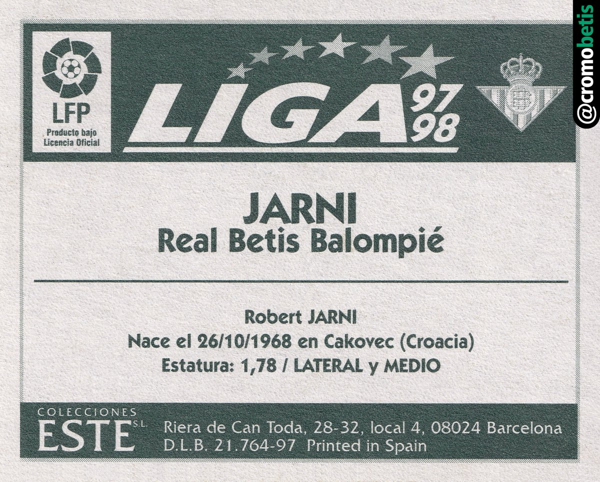 JARNI Temp. 97/98 (Este) // Banda izquierda de quilates #CromoBetis <a href="/ColeccionBetis/">Asoc. Coleccionismo Bético Carmelo Navarro</a>