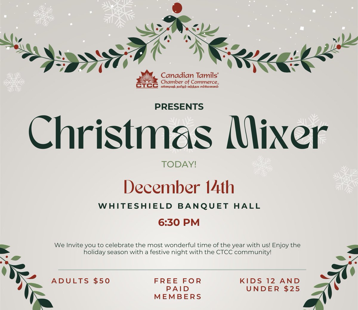#CTCC's #ChristmasMixer is TODAY!🎄☃️

Date: December 14th, 2022
Time: 6:30 PM
Location: Whiteshield Banquet Hall


#CanTamilChamber #HolidaySeason #HolidayMixer #HolidayEvent #ChristmasEvent #TamilBusinesses #MarkhamEvents #Christmas2022 #2022HolidayEvent #TamilEvent #NewYear