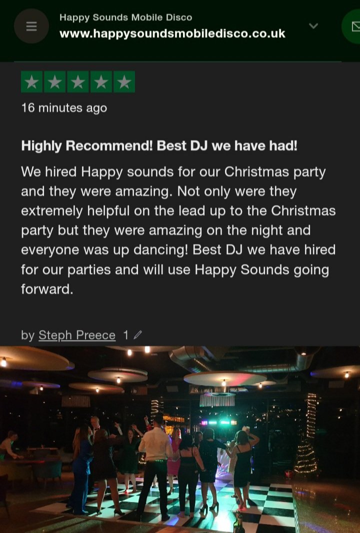 5-Star ❇❇❇❇❇ Review
From Steph and the Xmas Party we DJd last Saturday.

Thank you Steph, It was an absolute pleasure.  

#5starreview #5starfeedback #trustpilot #happycustomer #xmasparty #bestdj #shropshiredj