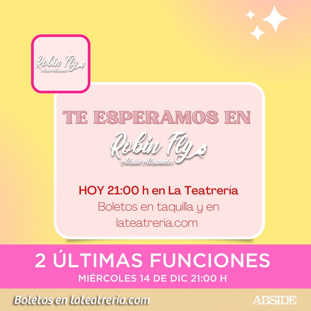 🎭 ¿Llegando a los 30 años y tu “lado perfeccionista” no está satisfecho?

Ven hoy a #RobinFly y olvidémonos de lo que nos dictan las reglas de la sociedad.

ÚLTIMAS 2 FUNCIONES 

⏰ Miercoles 21:00 h
📍 @lateatreria 
🎟 En taquilla y aquí: bit.ly/3wVTe4R

#CDMX2022