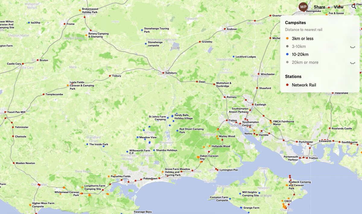 Microlambert's tweet image. Not very seasonal, but I finally got round to making a map of UK train stations + walkable campsites. Shows campsites that are &amp;lt;3km from stations (i.e. basically next door), and 10-20km away (i.e. very roughly a day&apos;s walk). Useful? felt.com/map/Rail-Hike-…