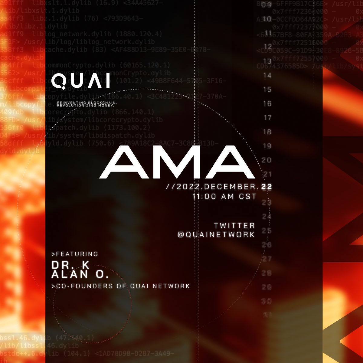 Quai Network ⚡️💵 (@quainetwork) on Twitter photo Join the Quai Network co-founders <a href="/mechanikalk/">Dr K - e/acc ⚡💵</a> @alanorwick on our next AMA Dec. 22nd at 11 AM CST.
❗️Set a reminder for our upcoming Space!❗️
#crypto #cryptocurrency #quai #blockchain #nft #defi #AMAs #twitterspaces Join the Quai Network co-founders <a href="/mechanikalk/">Dr K - e/acc ⚡💵</a> @alanorwick on our next AMA Dec. 22nd at 11 AM CST.
❗️Set a reminder for our upcoming Space!❗️
#crypto #cryptocurrency #quai #blockchain #nft #defi #AMAs #twitterspaces