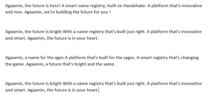 nsajan's tweet photo. So I got #chatPGT to write a jingle for my tech startup. Complicated stuff but it managed to string together some words that can rhyme. Not bad.
#Agaamin #SmartNames #Handshake $HNS https://t.co/P4AefMhK5m