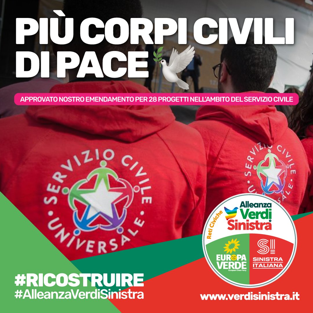 VITTORIA! 🎉🎉🎉
È stata approvata la nostra proposta emendativa per inserire nel Servizio Civile Universale 28 progetti dedicati ai #CorpiCivilidiPace.
Una promessa elettorale mantenuta in Parlamento, grazie in particolar modo al deputato @DevisDori.
 #alleanzaverdisinistra