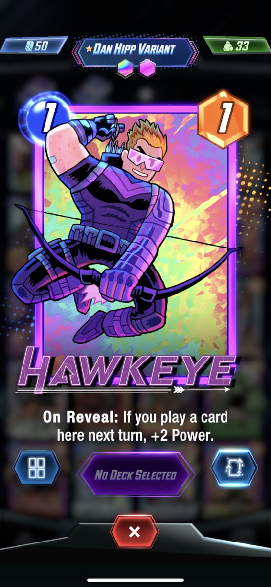 firepupp1's tweet photo. @MISTERHIPP I love your Marvel SNAP variants. I’ve only got Iron Man and Hawkeye so far, but they’re great. Your Hawkeye’s my highest rarity card I have by a longshot. https://t.co/ovKtHVeIOi