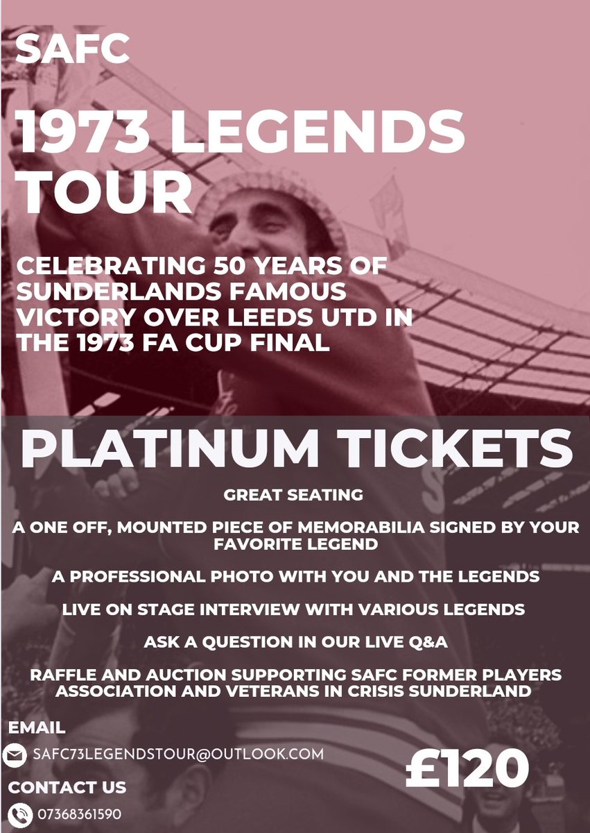 73LegendsTour's tweet photo. Retweets massively appreciated

Come and celebrate the 50th anniversary of Sunderland AFCs famous FA Cup victory over Leeds Utd

Really strong start for ticket sales for our Legends Tour #SAFC 🔴⚪🔴⚪

To book tickets:

📞 07368361590
💻https://t.co/Qg0GunEyC4…

#SAFC 🔴⚪🔴⚪ https://t.co/ytUYtu9s1D