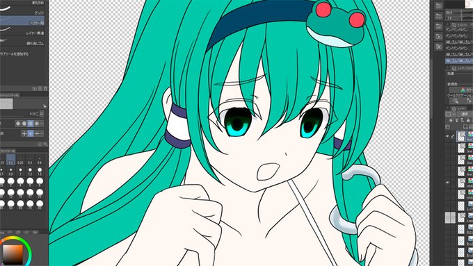 WIP 描き途中水着早苗さん………寒波来てます!?365日いつでも水着描いて良いんですよ 