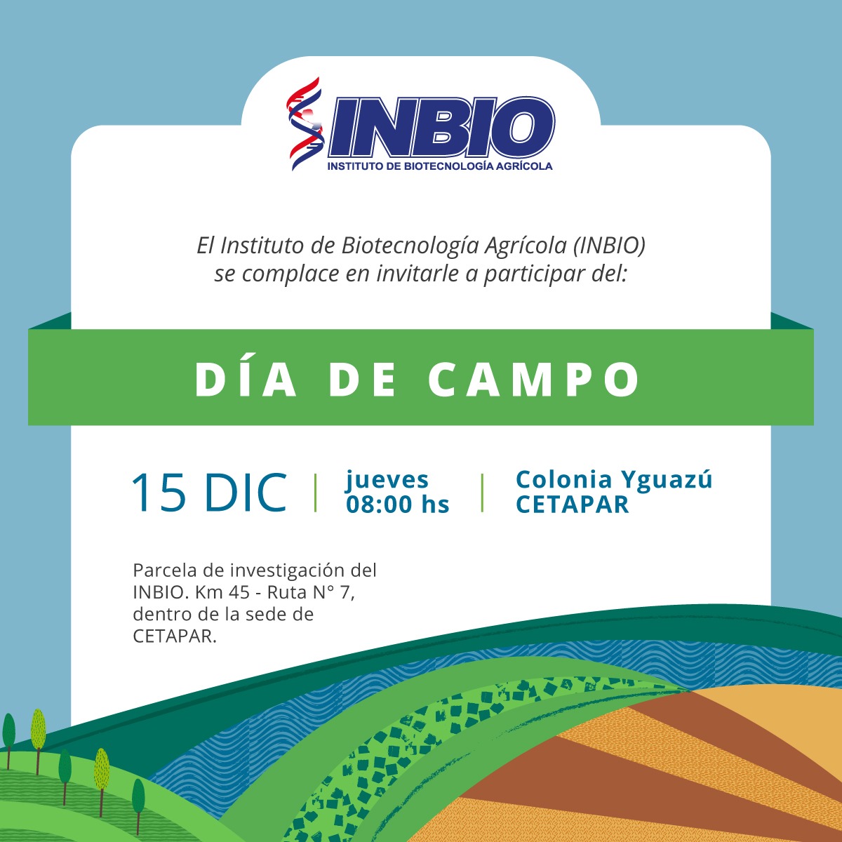AmanecerAgroPy's tweet photo. El @INBIOPY, invita al día de campo a realizarse en:📍 @Cetapar1, el 15 de diciembre, desde las 08:00 horas.
Excelente oportunidad para conocer a quienes están desarrollando las variedades de soja 💯% paraguaya. #SOJAPAR de excelente adaptación a ntras condiciones productivas https://t.co/RXxifIlJD7
