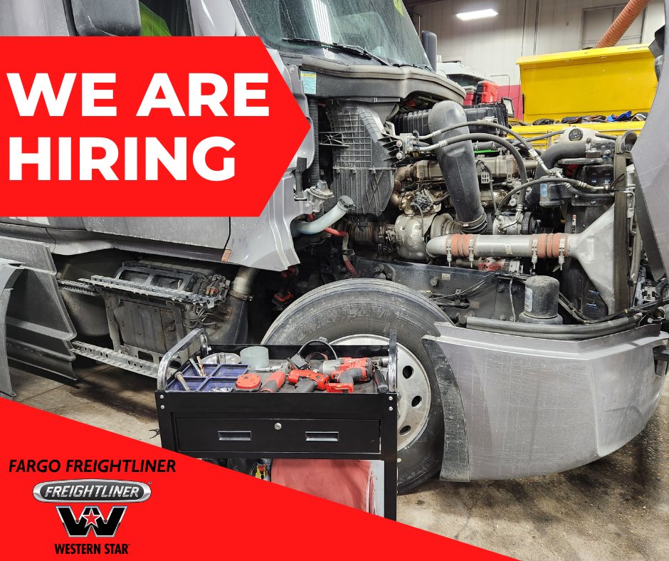 We are hiring diesel technicians to join our talented team of techs in our service department! We are employee owned, and offer great benefits and competitive wages. 

Apply now or check out our other career opportunities below.

fargofreightliner.com/careers/

#hiring #diesel