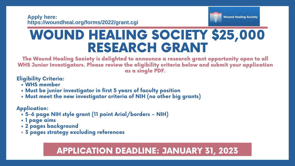 Don't miss this opportunity for the WHS $25,000 Research Grant! 

Deadline to apply: Tuesday, January 31st, 2023

Apply here: woundheal.org/Awards/25k-Gra…

#WHS #WoundHeal #Awards