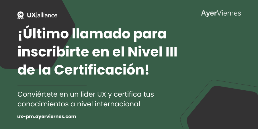 ayerviernes's tweet image. ¿Buscas mucho más que un curso UX?🤔

Si quieres potenciar la madurez del Diseño UX en tu empresa, la Certificación UX de UXalliance es para ti.

📣¡Últimas fechas del año!

Reserva tu lugar en bit.ly/3TRp8bO👈

#UXPM #UXAlliance #CertificaciónUX #UX #CX