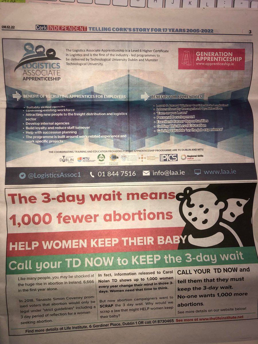 lifeinstitute's tweet photo. GREAT to see our advert on page 3 in the Cork Independent today, urging voters to CALL their TD to retain the 3-day wait
#keepthe3daywait #abortionreview #RethinkAbortion https://t.co/uqZRCkd5Gb