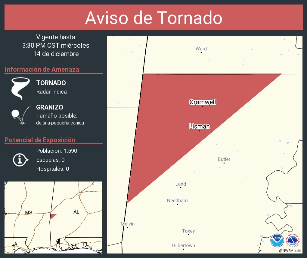 NWSMobile's tweet photo. Aviso de Tornado incluye Lisman AL, Cromwell AL hasta las 3:30 PM CST https://t.co/G3zuKDdrfV