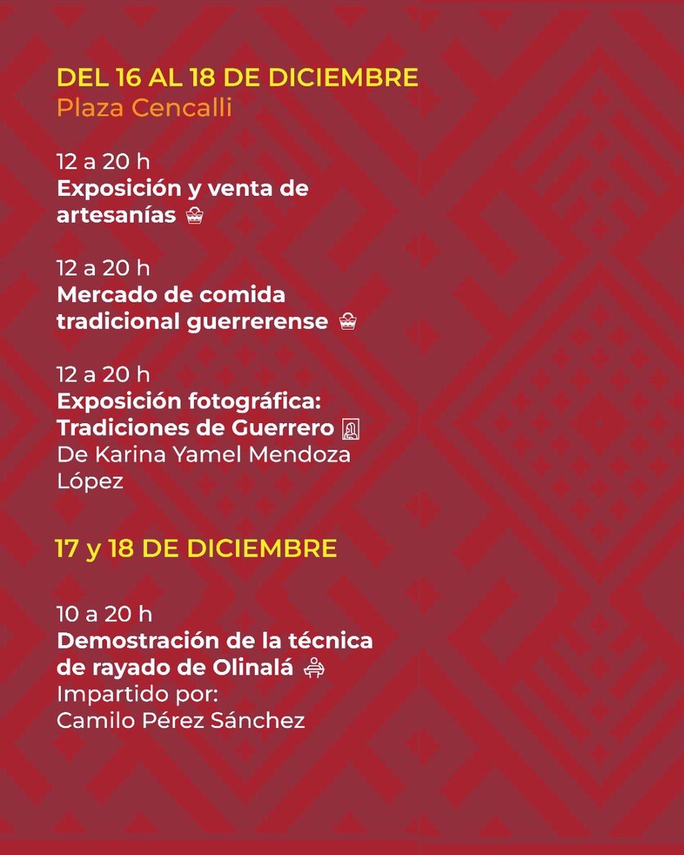 CC_LosPinos's tweet photo. Del 16 al 18 de diciembre ven a disfrutar de toda la cultura de #Guerrero en la plaza de @cencallicultura 

Exposiciones, música, comida tradicional y muchas actividades más. https://t.co/YeNOFdqZZW
