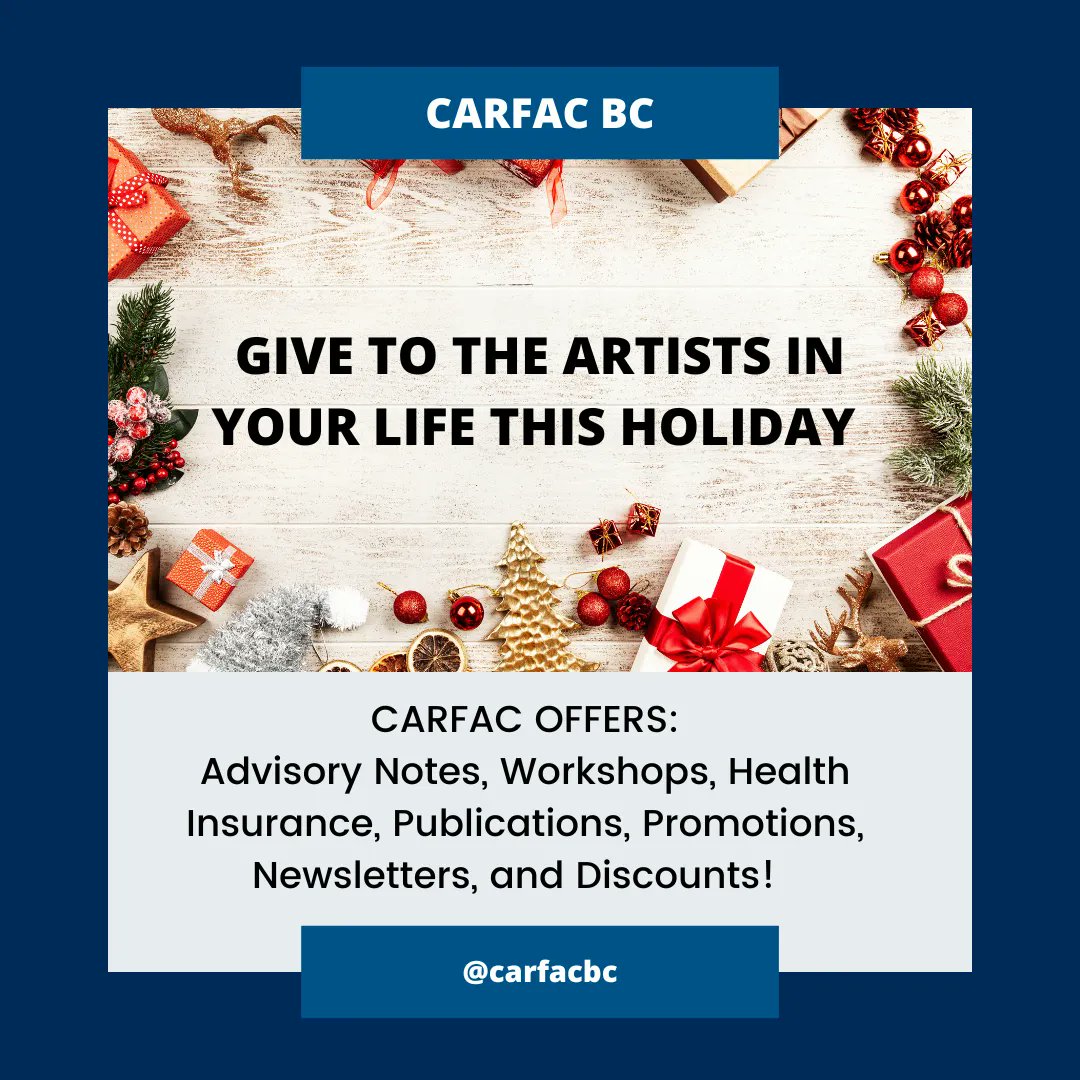 Looking for a gift to give to the artists in your life this holiday season? Giving them a CARFAC BC membership will also give them access to tons of benefits. Learn more here or email us at bc@carfac.ca buff.ly/3tiFkIo 
#canadianartist #bcartist #artistsontwitter #carfac