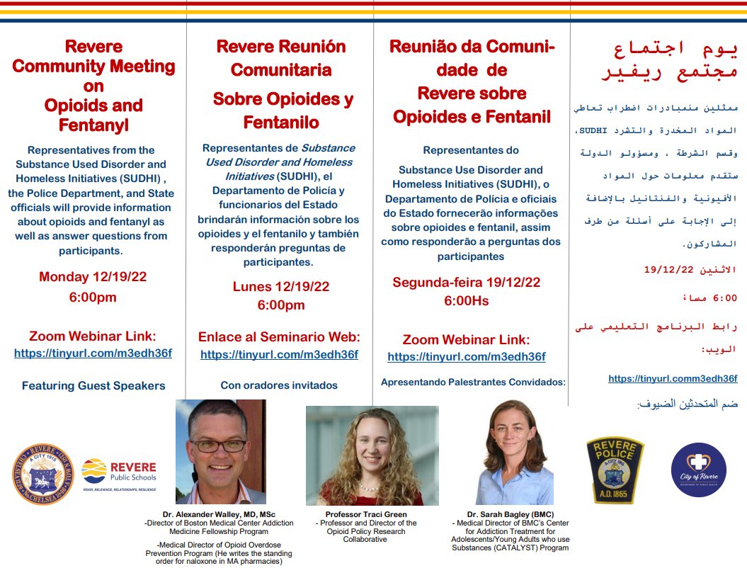 Richard Gallucci, Ph.D. (@revereasstsuper) on Twitter photo We hope to see you at the Revere Community Meeting that will focus on the dangers of opioids & fentanyl. We will be joined by Dr. Alexander Walley, Professor Traci Green, & Dr. Sarah Bagley. You can join here: tinyurl.com/m3edh36f
<a href="/RPS_Super/">Dianne Kelly, Ed.D.</a> @MayorArrigo We hope to see you at the Revere Community Meeting that will focus on the dangers of opioids & fentanyl. We will be joined by Dr. Alexander Walley, Professor Traci Green, & Dr. Sarah Bagley. You can join here: tinyurl.com/m3edh36f
<a href="/RPS_Super/">Dianne Kelly, Ed.D.</a> @MayorArrigo