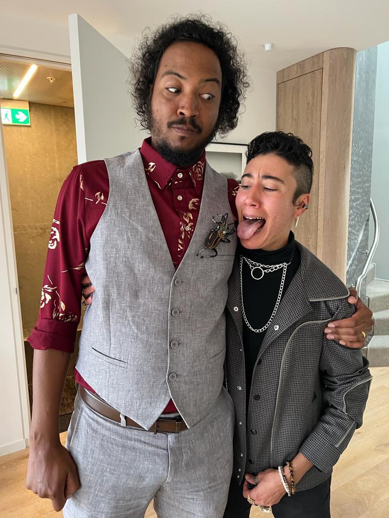 V_Vico_Ortiz's tweet photo. Got a haircut and almost licked a cockroach 🫠 the only photos I have from the wrap party lol @sambaschutte your bRoach was terrifyingly magnificent ✨ https://t.co/bIwpK9Lvw8